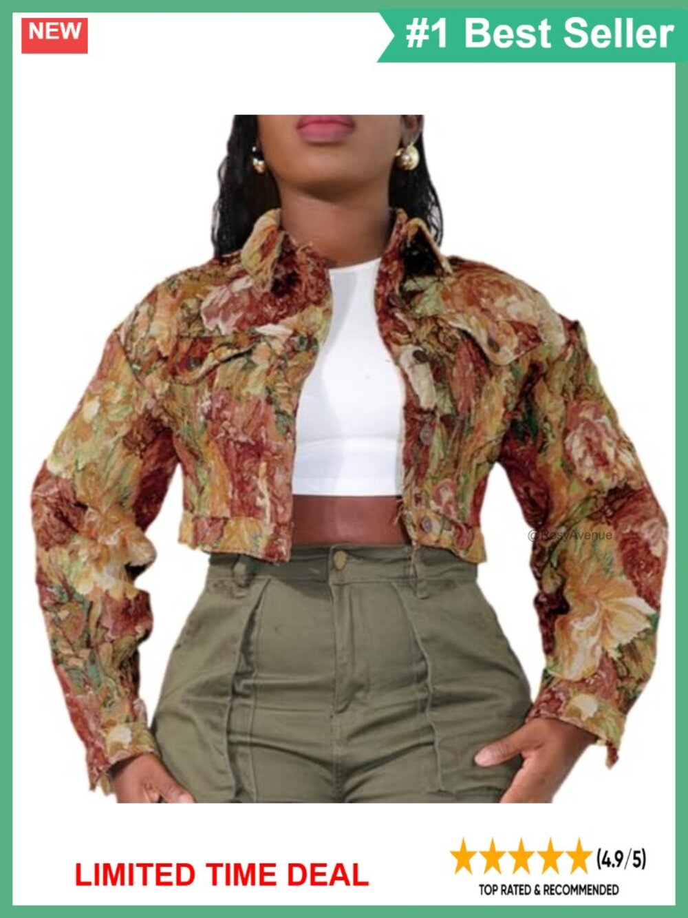 Cropped Floral Jacquard Jacket Button Front Casual